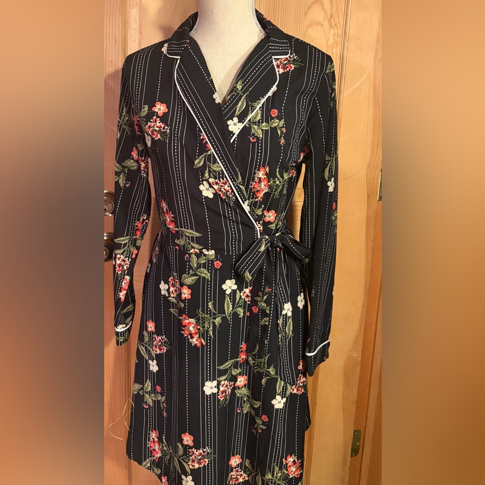 Floral Stripe Wrap Dress in Black with Red & White Blooms